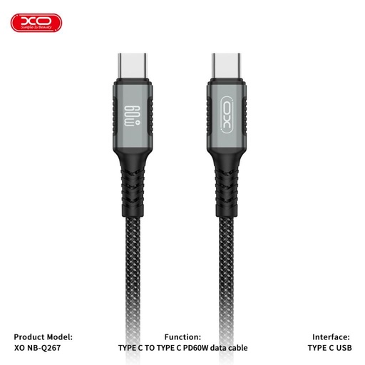 XO NB-Q267 magnetic USB-C–USB-C cablu de date (Negru) – 1 m, împletit design, 60W