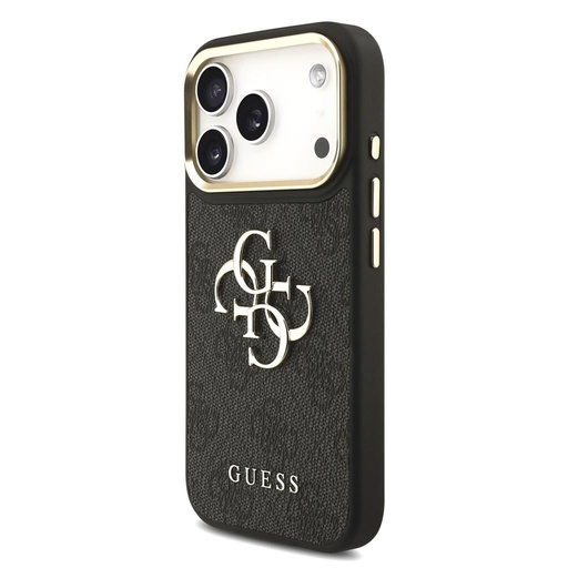 Guess PU Leather 4G Metal Logo Auriu Frame iPhone 17 Pro (Negru)