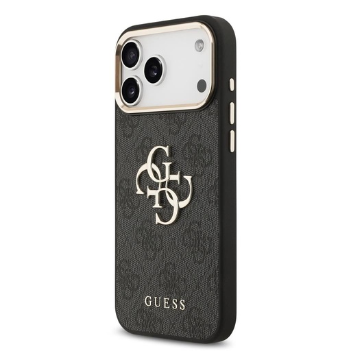 Guess PU Leather 4G Metal Logo Auriu Frame iPhone 17 Pro Max (Negru)