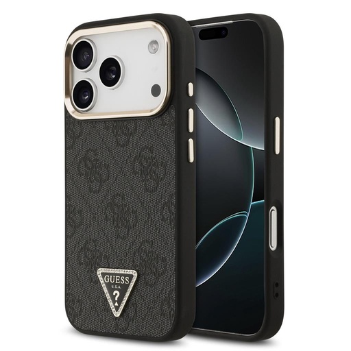 Guess PU Leather 4G Strass Triangle Logo Auriu Frame MagSafe husă iPhone 17 Pro (Negru) - GUHMP17LP4GTDGMK