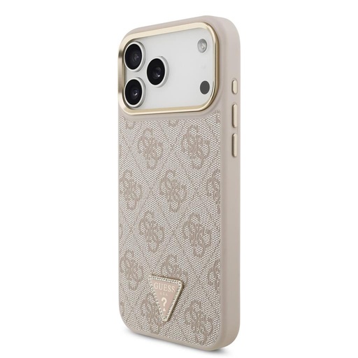 Guess PU Leather 4G Strass Triangle Logo Auriu Frame MagSafe husă iPhone 17 Pro Max (Roz)