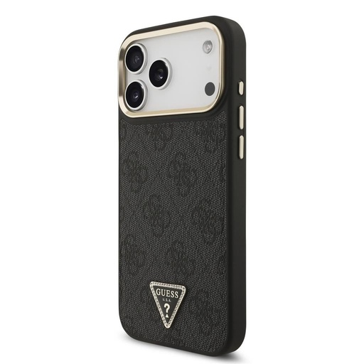 Guess PU Leather 4G Strass Triangle Logo Auriu Frame MagSafe husă iPhone 17 Pro Max (Negru)