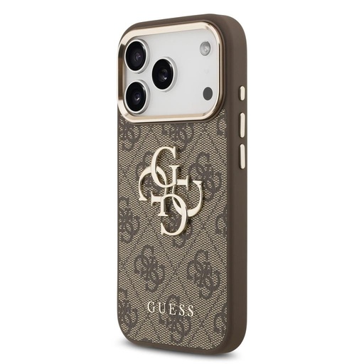 Guess PU Leather 4G Metal Logo Auriu Frame husă iPhone 17 Pro Max (Maro)
