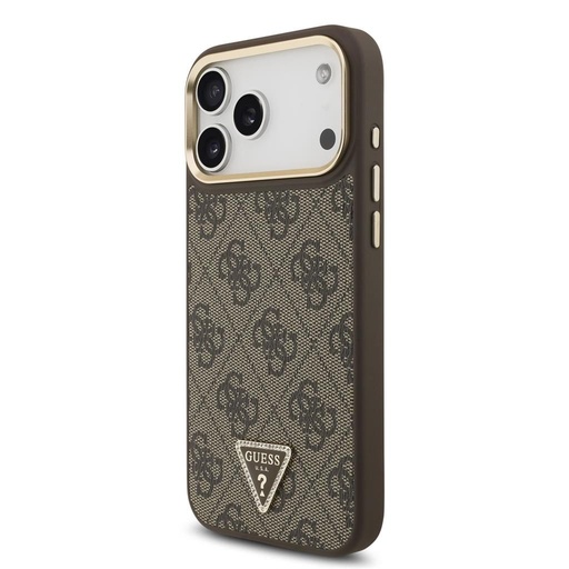Guess PU Leather 4G Strass Triangle Logo Auriu Frame MagSafe husă iPhone 17 Pro Max (Maro)
