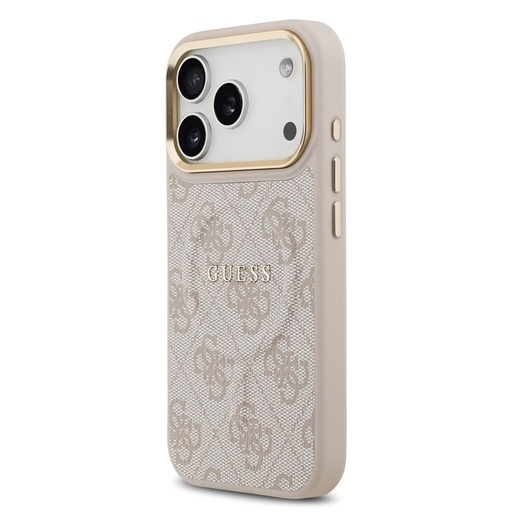 Guess PU Leather 4G Auriu Frame MagSafe husă iPhone 17 Pro (Roz)