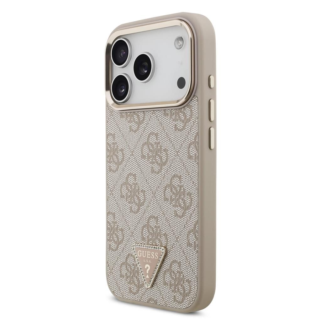 Guess PU Leather 4G Strass Triangle Logo Gold Frame MagSafe tok iPhone 17 Pro (Rózsaszín) - GUHMP17LP4GTDGMP