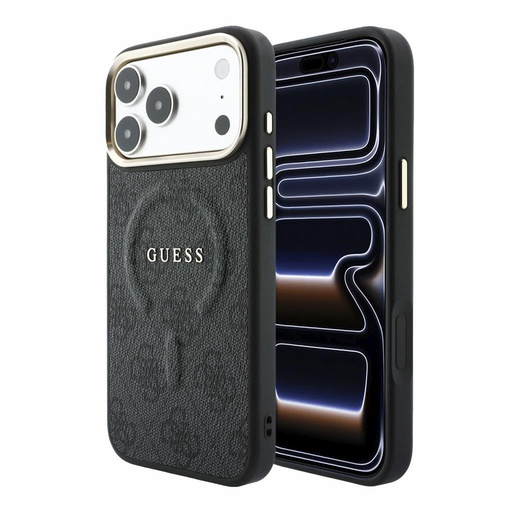 Apple iPhone 18 Pro Max Guess Leather 4G Auriu Frame Embossed MagSafe piele husă de protecție (Negru) (GUHMP18XP4MSEGCK)