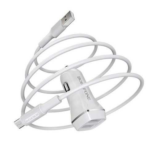 Borofone BZ2 auto încărcător (2 USB port, microUSB cablu), 5V 2,4A, alb