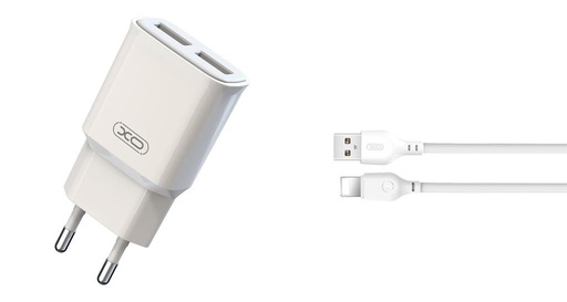 XO L92C 2.4A încărcător (Alb) – dublu USB conector, Lightning cu cablu