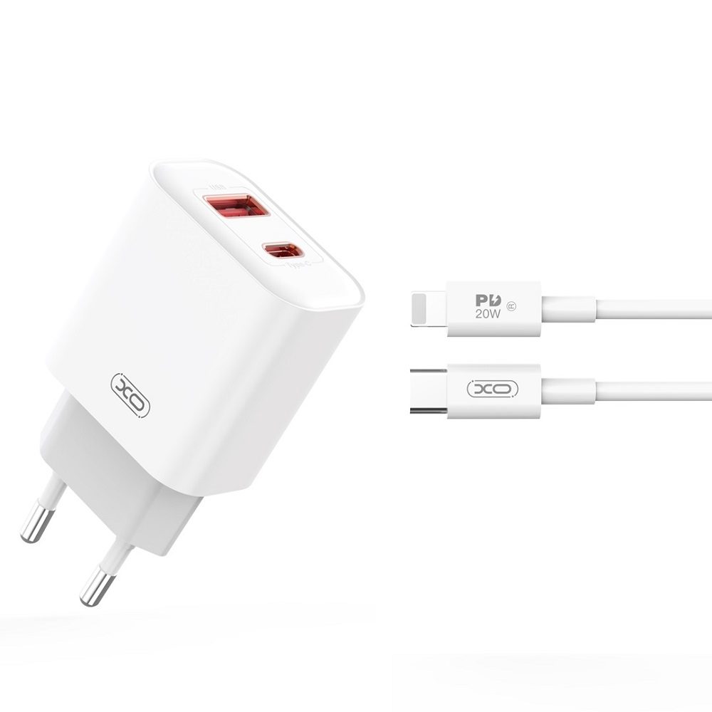 [6920680844388] XO CE12 PD 20W fast charger (White) – PD 20W + USB-A 18W, USB-C + USB-A connector, Lightning with cable