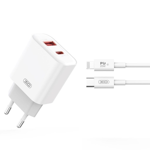 XO CE12 PD 20W încărcător rapid (Alb) – PD 20W + USB-A 18W, USB-C + USB-A conector, Lightning cu cablu
