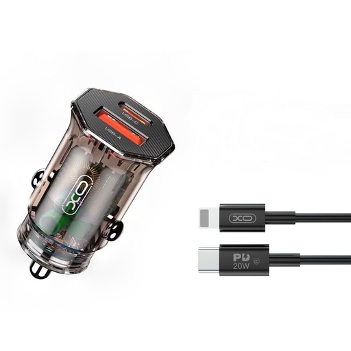 XO CC50 auto încărcător rapid, PD & QC conector + lightning cablu, transparent/maro