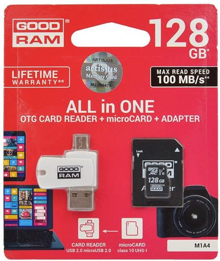 [5908267930298] Goodram M1A4-1280R12 128GB class10 memory card, USB OTG kártyaolvasóval, black