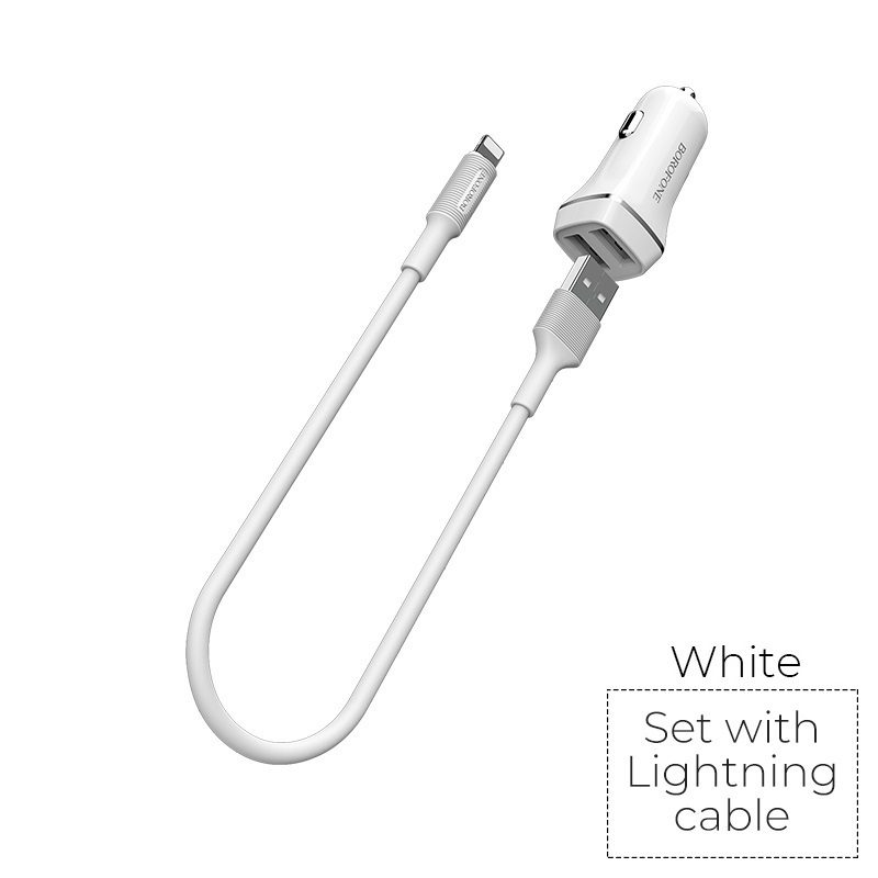 [6957531081906] Borofone BZ2 car charger (2 USB port, lightning cable), 5V 2,4A, white