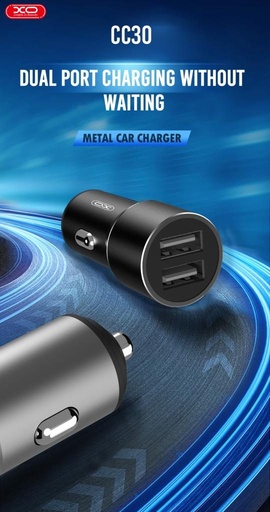 XO TZ09 auto încărcător (Gri) – 2×USB, Lightning cablu, aluminiu carcasă, 12W