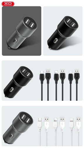 XO TZ09 auto încărcător (Negru) – 2×USB, Lightning cablu, aluminiu carcasă, 12W