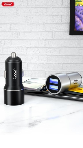 XO TZ09 auto încărcător (Gri) – 2×USB, microUSB cablu, aluminiu carcasă, 12W