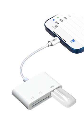 XO HUB006 Lightning 3 az 1-ben adapter (Alb) – USB + SD + microSD conector
