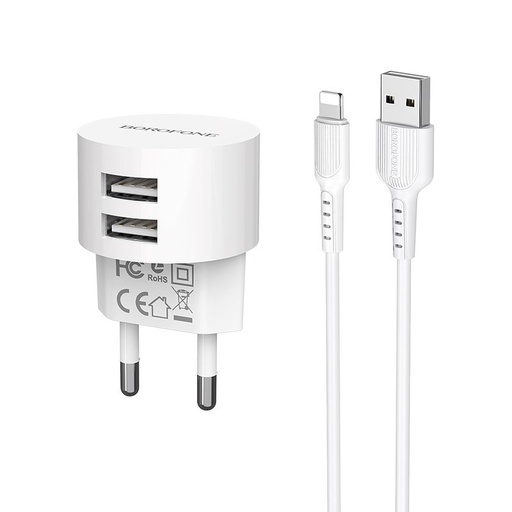 Borofone BA23A de rețea încărcător (2 USB port), lightning cablu, 5V 2,4A, alb