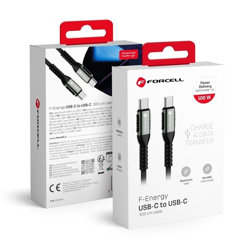 Forcell F-ENERGY C260 USB-C / USB-C cablu QC4.0 PD 5A 100W Cafule (Negru) - 3m