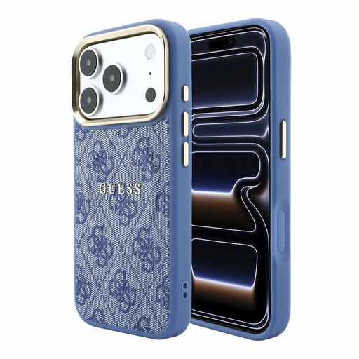 Apple iPhone 18 Pro Guess Leather 4G Auriu Frame Embossed MagSafe piele husă de protecție (Albastru) (GUHMP18LP4MSEGCB)