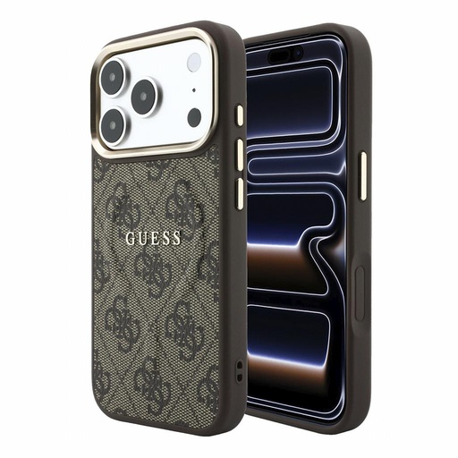 Apple iPhone 18 Pro Max Guess Leather 4G Auriu Frame Embossed MagSafe piele husă de protecție (Maro) (GUHMP18XP4MSEGCW)