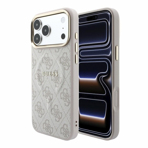 Apple iPhone 18 Pro Max Guess Leather 4G Auriu Frame Embossed MagSafe piele husă de protecție (Roz) (GUHMP18XP4MSEGCP)