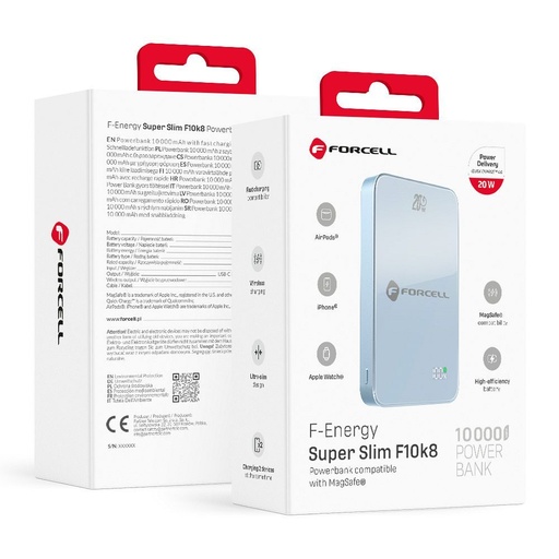 Forcell F-Energy SuperSlim F10K8 MagSafe 15W baterie externă / powerbank (Albastru) - 10000 mAh