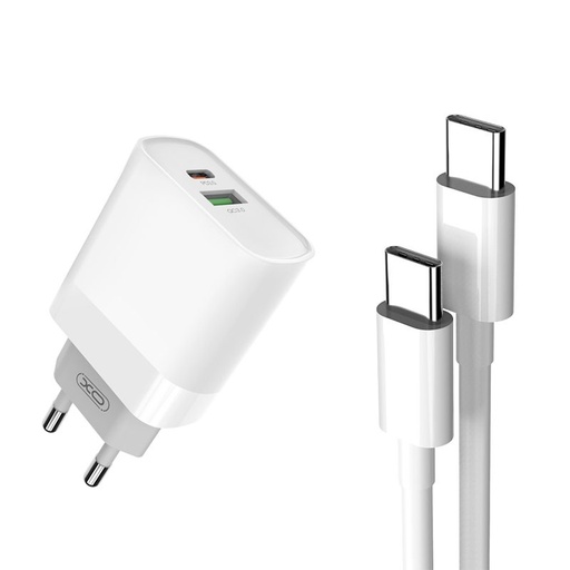 XO L64 PD 20W încărcător rapid (Alb) – PD 20W + QC 3.0, USB-A + USB-C conector, Type-C cu cablu