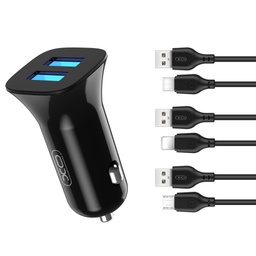 XO TZ10 auto încărcător (Negru) – 2×USB, Type-C cablu, dual port, 12W