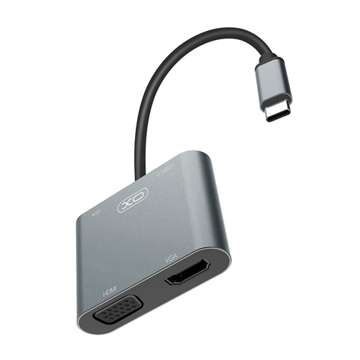 XO HUB001 4 az 1-ben Type-C adapter (Argintiu) – HDMI, VGA, USB 3.0, PD încărcare