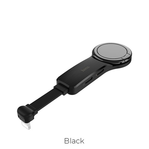 Hoco LS22 2in1 lightning distribuitor (lightning audio+lightning încărcător port) inel cu suport, negru